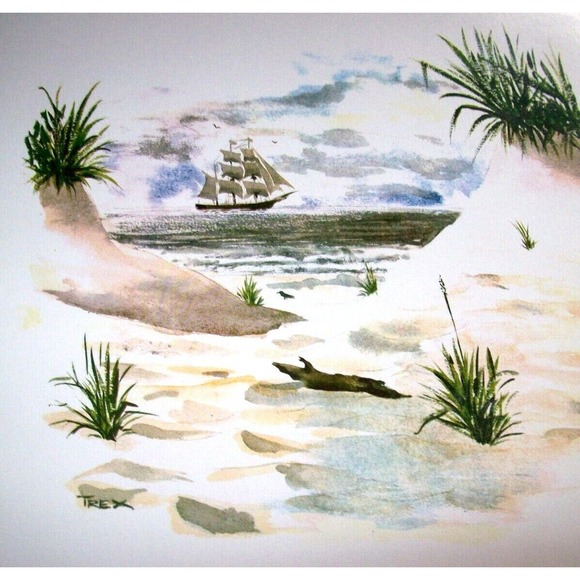 Pirate Ship Art Print Distant Beach Sand Dune Seaside Seascape T Rex Nautical - Picture 1 of 8